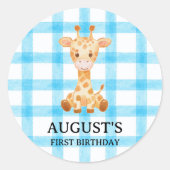 002 Cerulean Blue Check Giraffe Sticker ラウンドシール (正面)