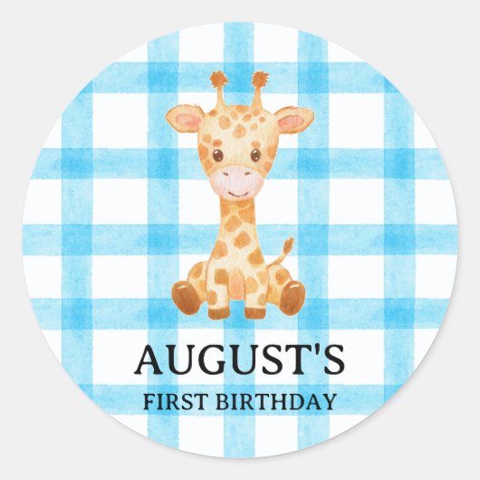 002 Cerulean Blue Check Giraffe Sticker ラウンドシール (正面)