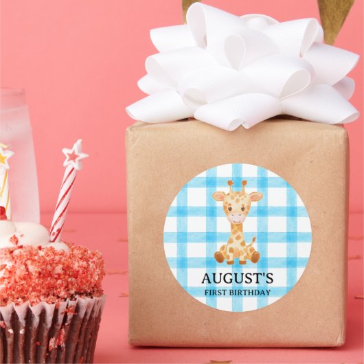 002 Cerulean Blue Check Giraffe Sticker ラウンドシール (パーティー)