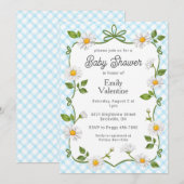 002 Cerulean Blue Floral Daisy Plaid Baby Shower 招待状 (正面/裏面)