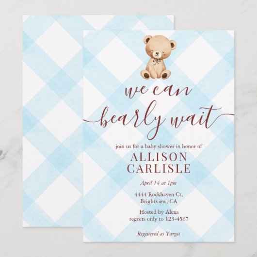 002 Cerulean Blue Teddy Bear Gingham Baby Shower 招待状 (正面/裏面)