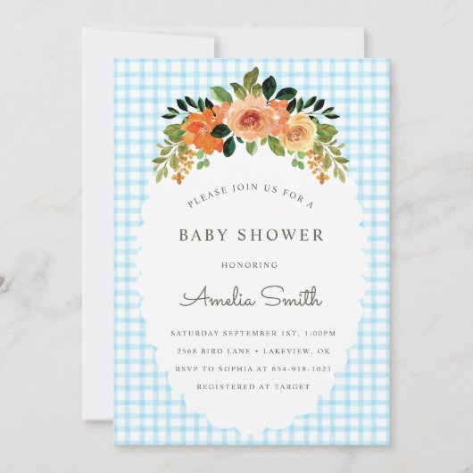 002 Cerulean Floral Gingham Baby Shower Invitation 招待状 (正面)
