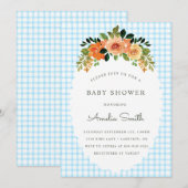 002 Cerulean Floral Gingham Baby Shower Invitation 招待状 (正面/裏面)