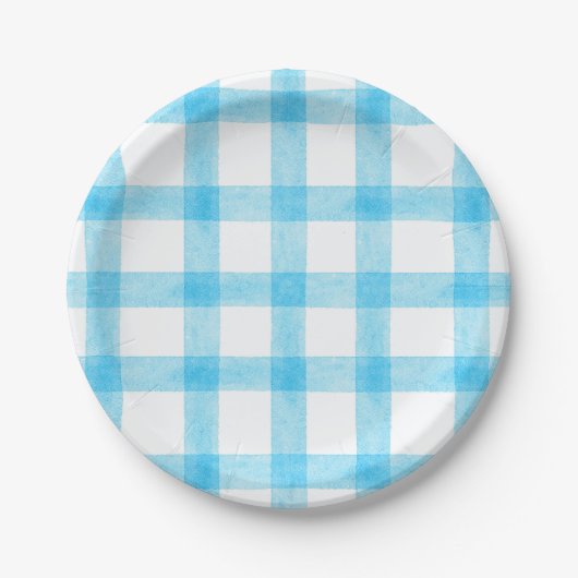 002 Cerulean Watercolor Plaid Small Paper Plates ペーパープレート (正面)