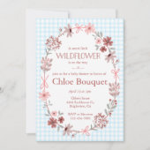 002 Cerulean Wildflower Bow Gingham Baby Shower 招待状 (正面)