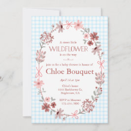 002 Cerulean Wildflower Bow Gingham Baby Shower 招待状