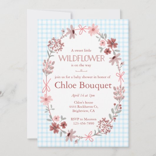 002 Cerulean Wildflower Bow Gingham Baby Shower 招待状 (正面)