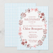 002 Cerulean Wildflower Bow Gingham Baby Shower 招待状 (正面/裏面)