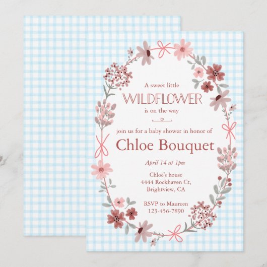 002 Cerulean Wildflower Bow Gingham Baby Shower 招待状 (正面/裏面)