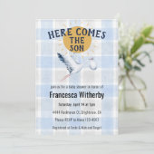 003 Cobalt 020 Fog Sun Plaid Stork Baby Shower 招待状 (スタンド正面)