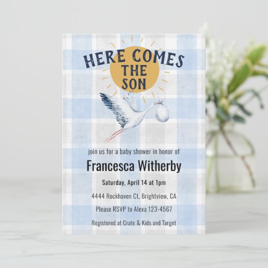 003 Cobalt 020 Fog Sun Plaid Stork Baby Shower 招待状 (スタンド正面)