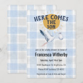 003 Cobalt 020 Fog Sun Plaid Stork Baby Shower 招待状 (正面/裏面)