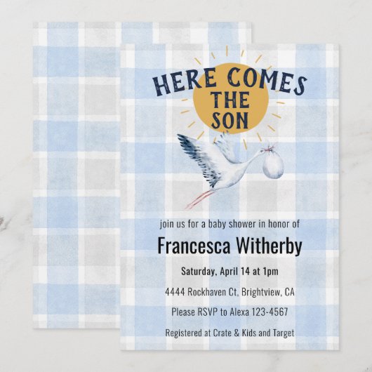 003 Cobalt 020 Fog Sun Plaid Stork Baby Shower 招待状 (正面/裏面)