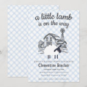 003 Cobalt Blue A Little Lamb Gingham Baby Shower 招待状 (正面/裏面)