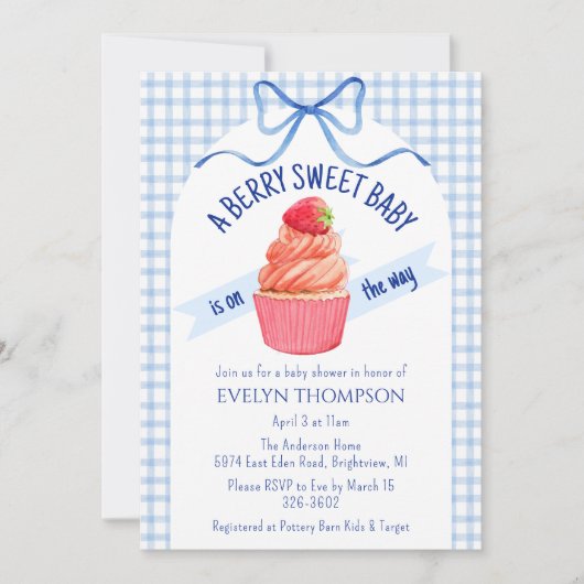 003 Cobalt Blue Berry Sweet Strawberry Baby Shower 招待状 (正面)