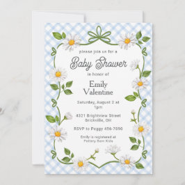 003 Cobalt Blue Floral Daisy Plaid Baby Shower 招待状