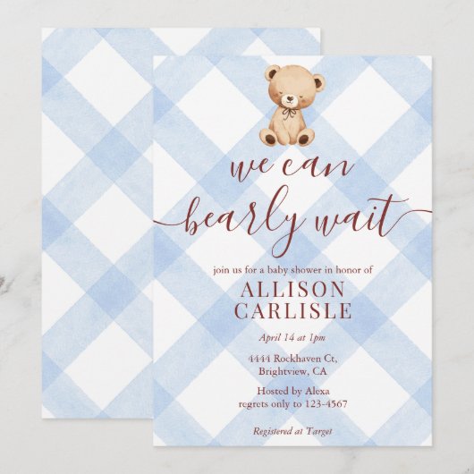 003 Cobalt Blue Teddy Bear Gingham Baby Shower 招待状 (正面/裏面)
