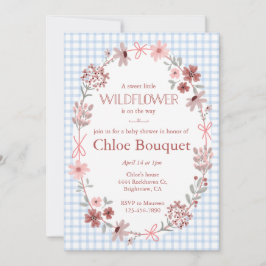 003 Cobalt Blue Wildflower Bow Gingham Baby Shower 招待状