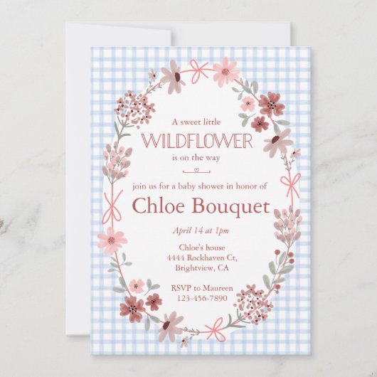 003 Cobalt Blue Wildflower Bow Gingham Baby Shower 招待状 (正面)