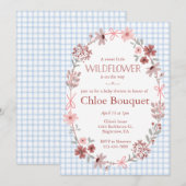 003 Cobalt Blue Wildflower Bow Gingham Baby Shower 招待状 (正面/裏面)