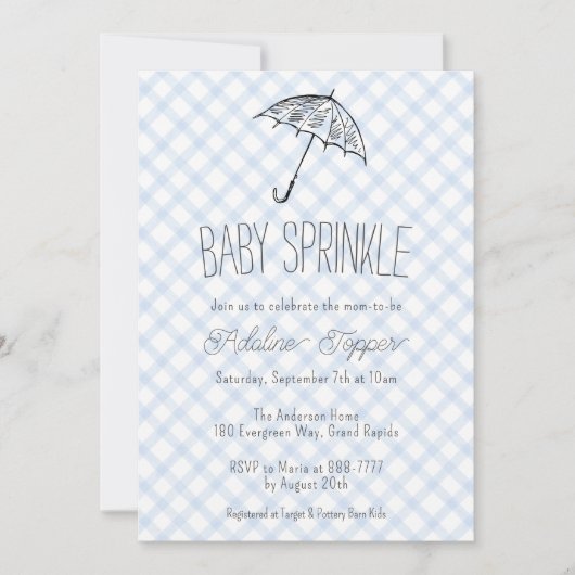 003 Cobalt Modern Umbrella Baby Sprinkle Gingham 招待状 (正面)