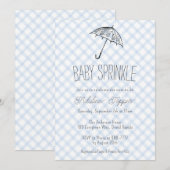 003 Cobalt Modern Umbrella Baby Sprinkle Gingham 招待状 (正面/裏面)