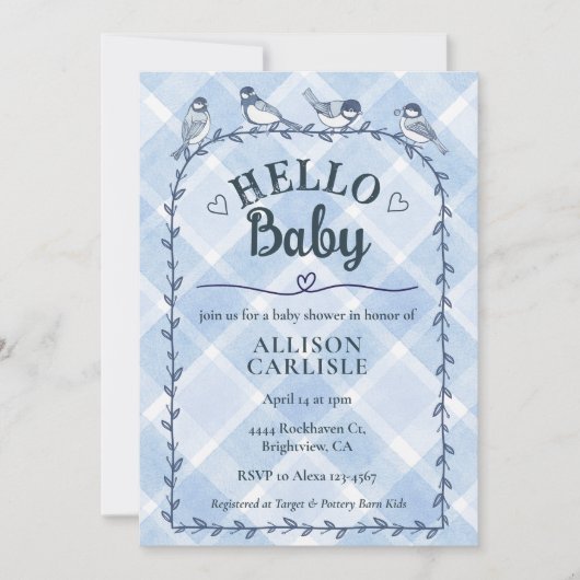 003 Cobalt Watercolor Gingham Birds Baby Shower 招待状 (正面)