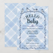 003 Cobalt Watercolor Gingham Birds Baby Shower 招待状 (正面/裏面)