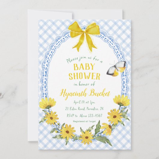 003 Cobalt Yellow Daisy Bow Gingham Baby Shower 招待状 (正面)