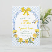 003 Cobalt Yellow Daisy Bow Gingham Baby Shower 招待状 (スタンド正面)