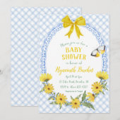 003 Cobalt Yellow Daisy Bow Gingham Baby Shower 招待状 (正面/裏面)