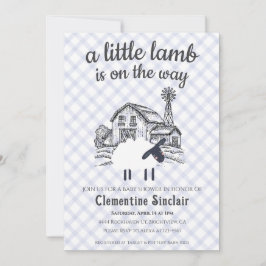 004 Indigo Blue A Little Lamb Gingham Baby Shower 招待状
