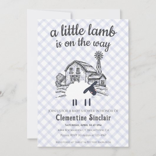 004 Indigo Blue A Little Lamb Gingham Baby Shower 招待状 (正面)