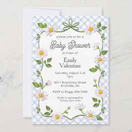 004 Indigo Blue Floral Daisy Plaid Baby Shower 招待状