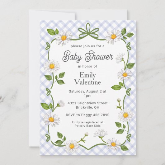 004 Indigo Blue Floral Daisy Plaid Baby Shower 招待状 (正面)