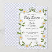 004 Indigo Blue Floral Daisy Plaid Baby Shower 招待状 (正面/裏面)