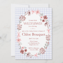 004 Indigo Blue Wildflower Bow Gingham Baby Shower 招待状
