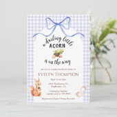 004 Indigo Cute Squirrel Acorn Gingham Baby Shower 招待状 (スタンド正面)