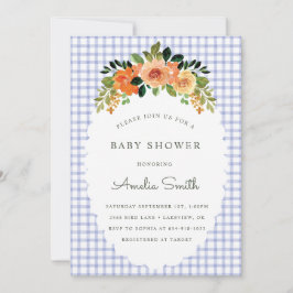 004 Indigo Floral Gingham Baby Shower Invitations 招待状