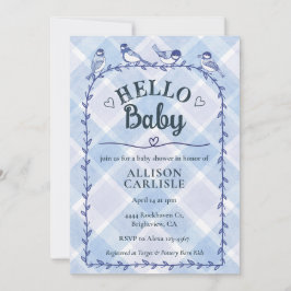 004 Indigo Watercolor Gingham Birds Baby Shower 招待状