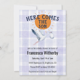 004 Indigo Watercolor Plaid Stork Boho Baby Shower 招待状