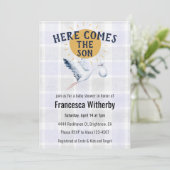 005 Iris 020 Fog Sun Plaid Stork Baby Shower 招待状 (スタンド正面)