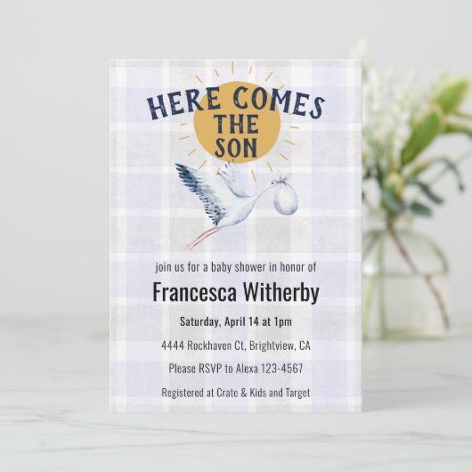 005 Iris 020 Fog Sun Plaid Stork Baby Shower 招待状 (スタンド正面)