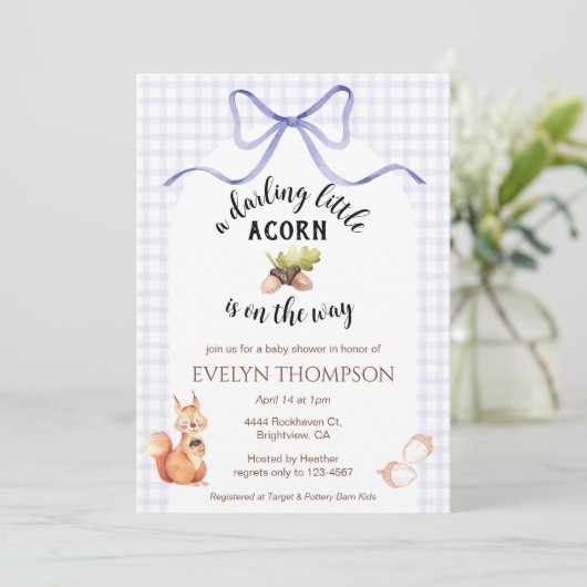 005 Iris Cute Squirrel Acorn Gingham Baby Shower 招待状 (スタンド正面)