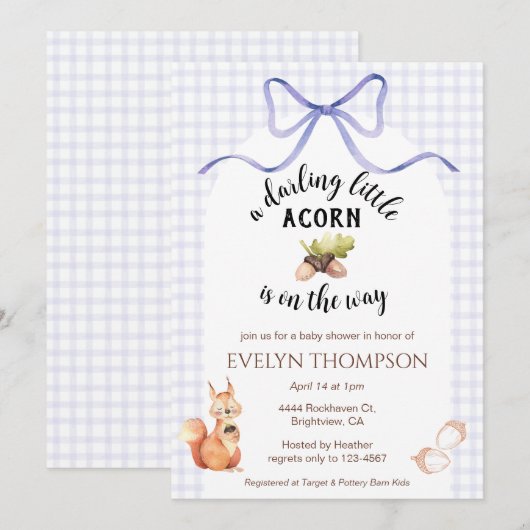 005 Iris Cute Squirrel Acorn Gingham Baby Shower 招待状 (正面/裏面)