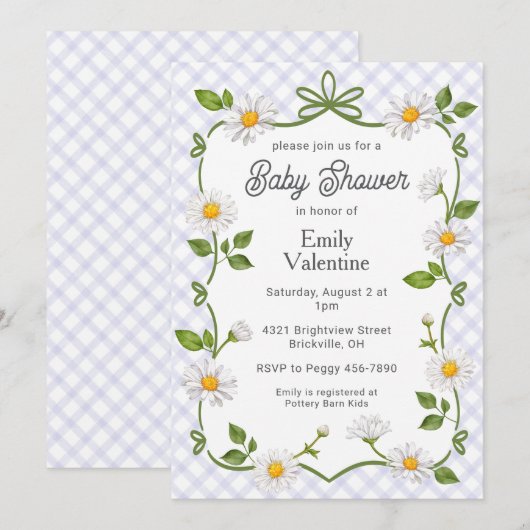 005 Iris Lavender Floral Daisy Plaid Baby Shower 招待状 (正面/裏面)