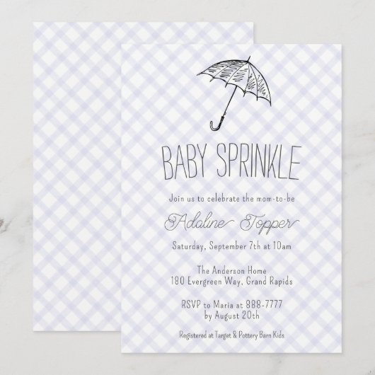 005 Iris Modern Umbrella Gingham Baby Sprinkle 招待状 (正面/裏面)