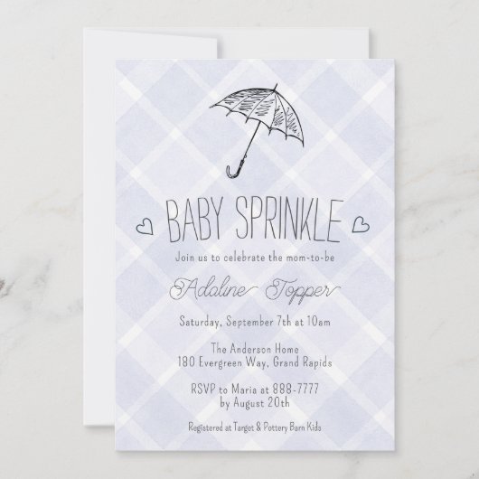 005 Iris Plaid Umbrella Baby Sprinkle Shower 招待状 (正面)