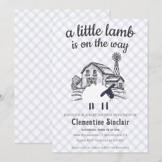 005 Iris Purple A Little Lamb Gingham Baby Shower 招待状 (正面/裏面)