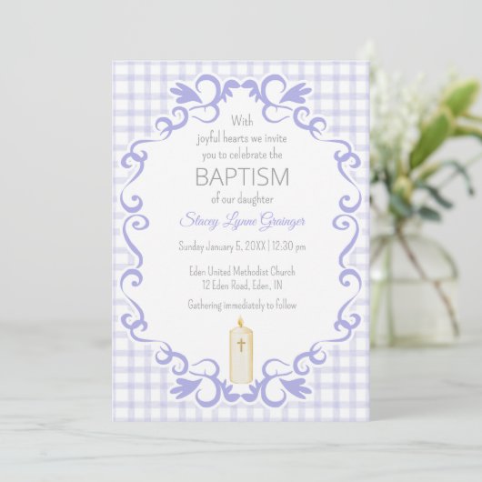 005 Iris Scroll Gingham Cross Candle Baptism 招待状 (スタンド正面)